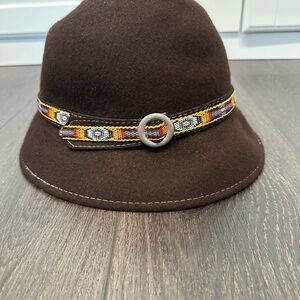 Brown Wool Hat with Multicolor Band,one size,boho,artsy,festival
